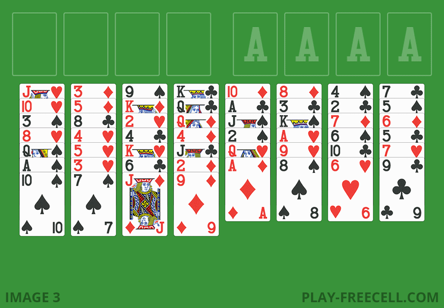 The start of a Freecell game with cards arranged in eight tableau columns