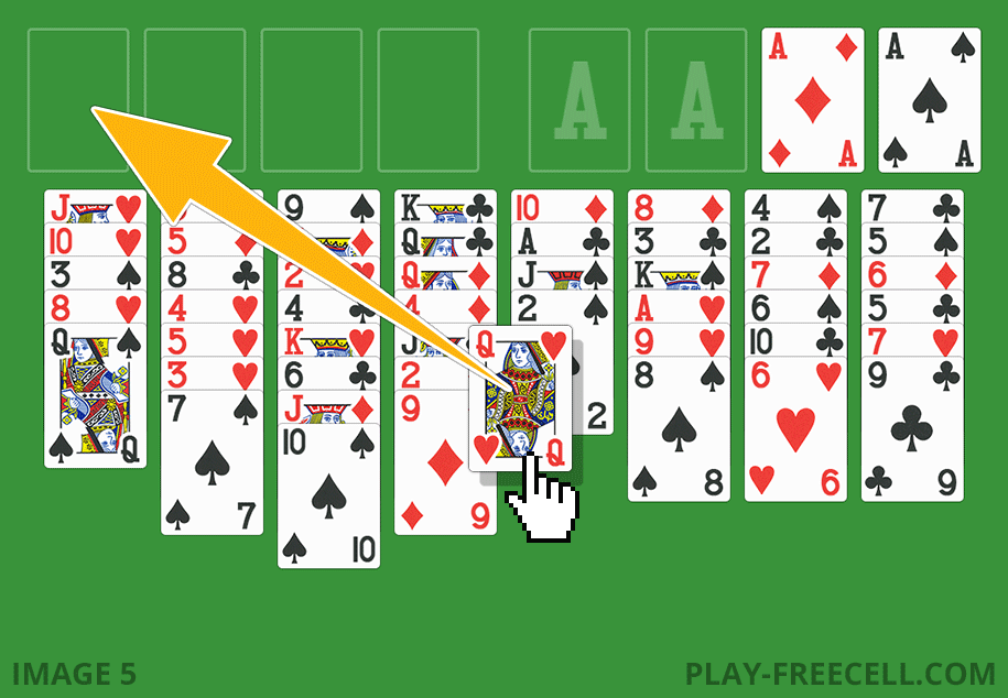 An arrow indicates how to move cards from the tableau to the free cells