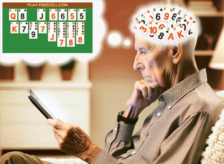 An elderly man plays Freecell on a tablet, with card visuals overlaying his thoughts to illustrate cognitive engagement