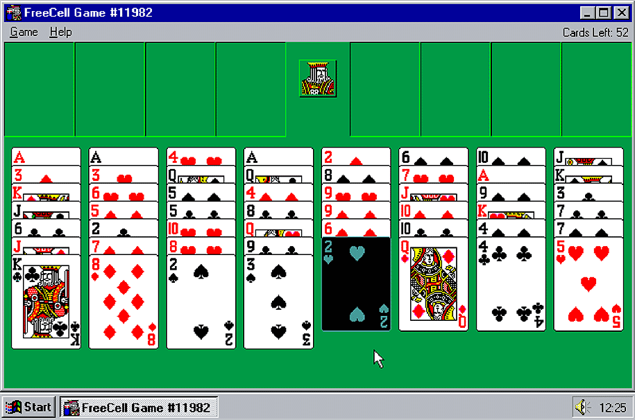 Screenshot of the unsolvable Freecell deal #11982 on a Windows 95 interface