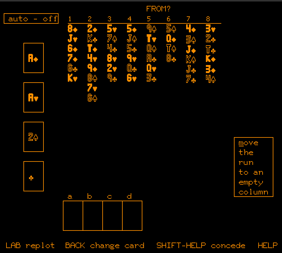 Screenshot of the original Freecell game interface on the PLATO system, 1978