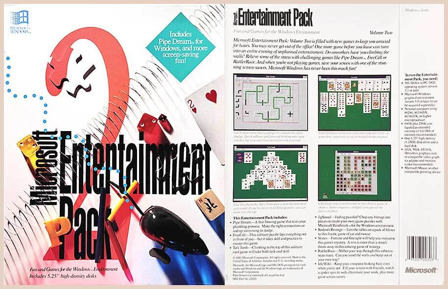 Front and back cover of the Microsoft Entertainment Pack 2 box, released in 1991
