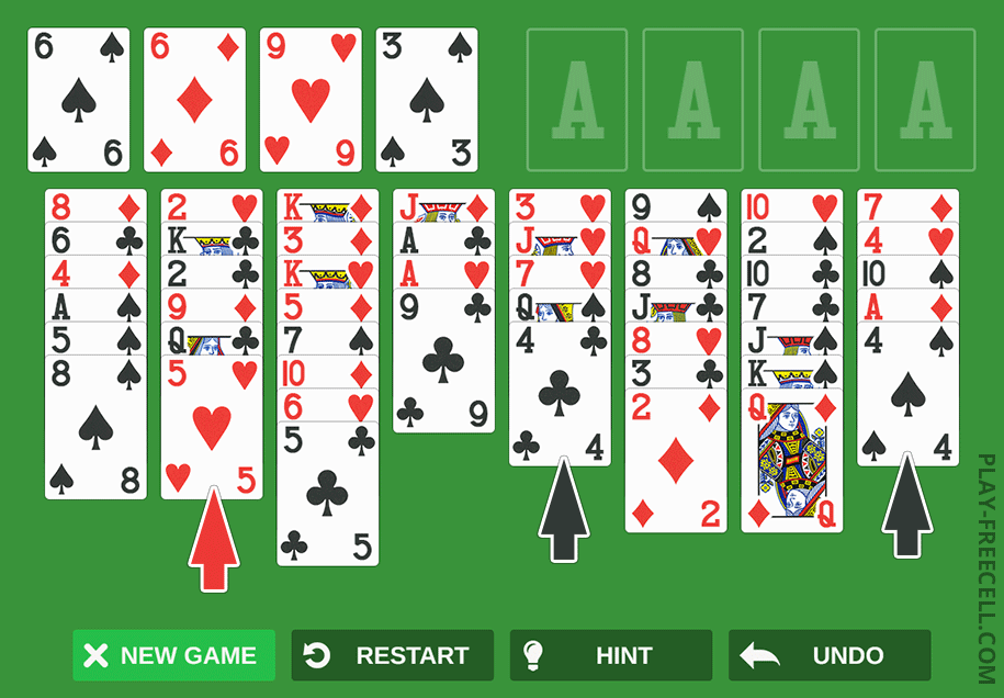 Multiple colored arrows show the only remaining valid options in Freecell game #659500505