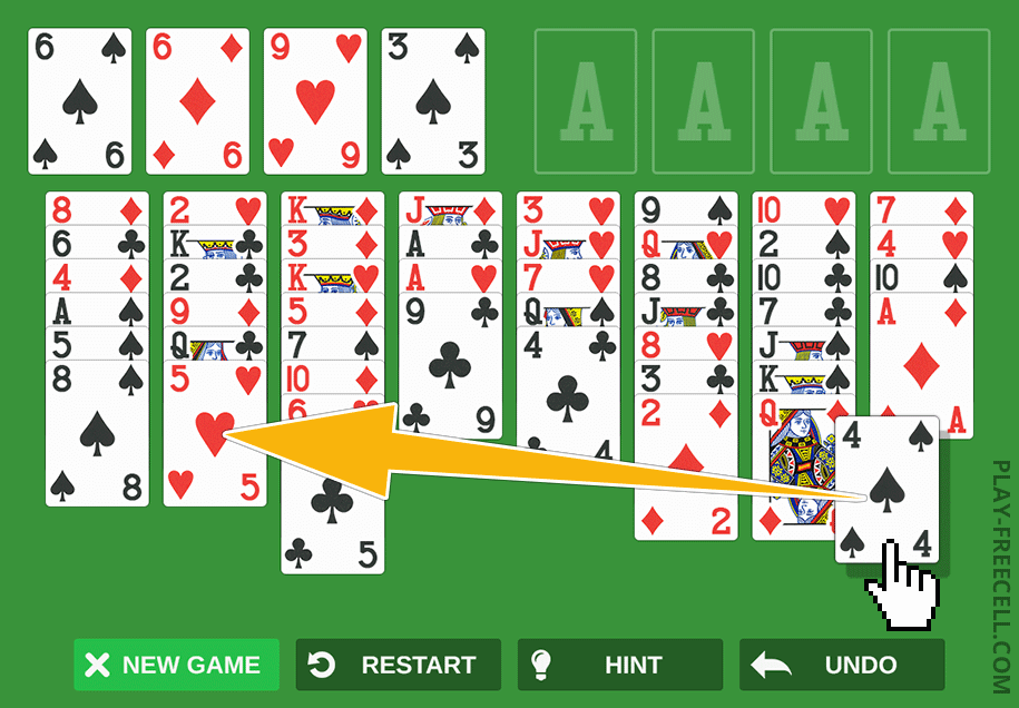 Freecell Solitaire game showing an arrow highlighting a valid move between tableau cards