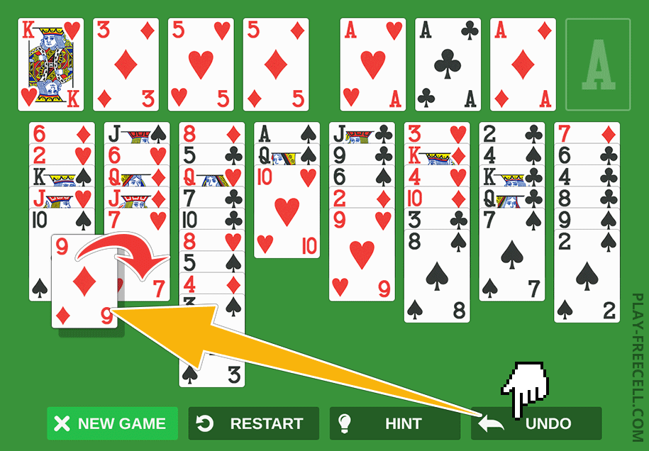 Mid-game scenario where the undo function is highlighted by arrows indicating the option to reverse previous moves