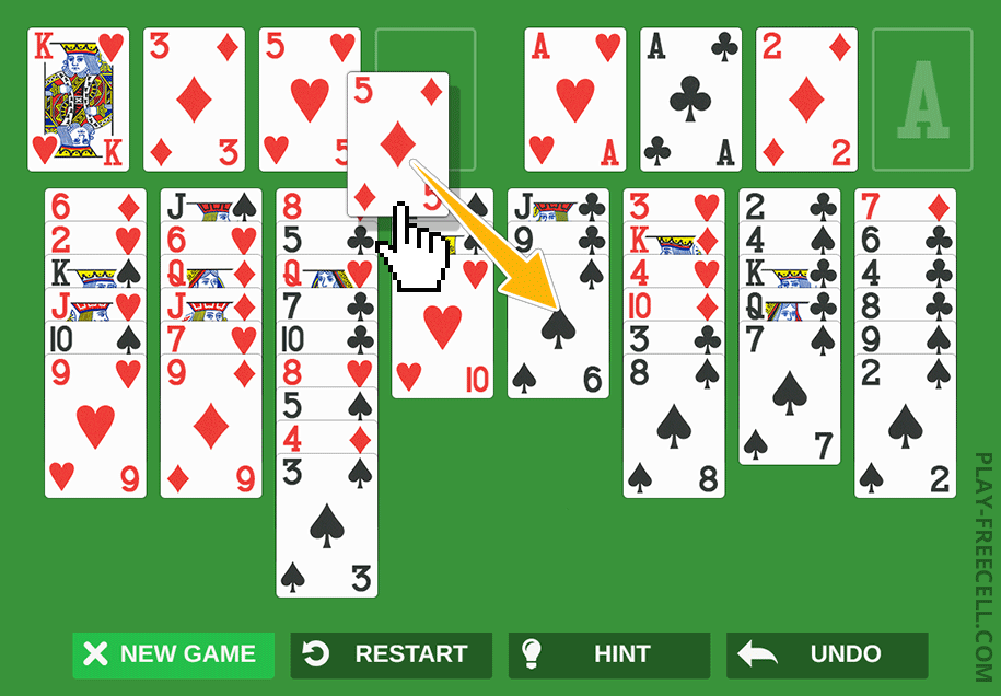 An arrow suggesting to move a card from a free cell to the tableau